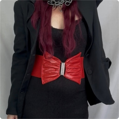 Cherry Red Stretch Corset Bow Belt - Rhinestone Statement Cincher - S/M