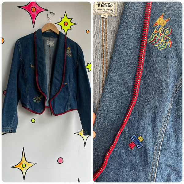 Vintage 80s 90s | Denim Western Embroidered Embellished Jacket | S M