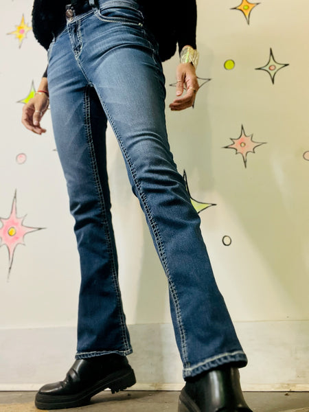 Y2K Blue Denim Flare Jeans Low Rise Stretchy 2000s Bootcut Jeans Size 3 / 25-26