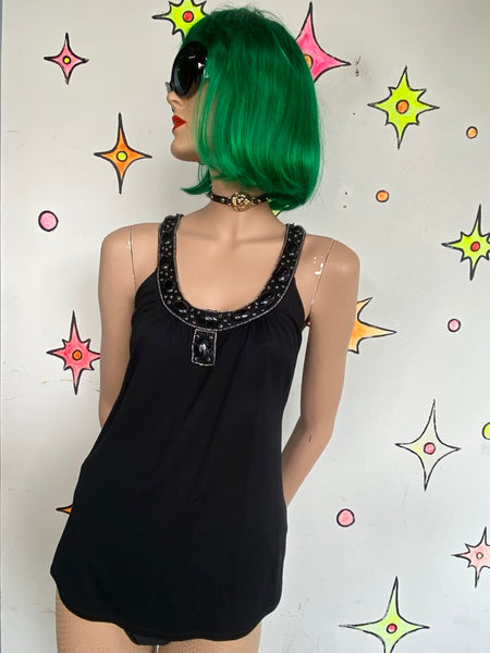 Y2K Black Silk Beaded Top Dana Buchman Whimsy Goth Fairy Glam Minimalist S