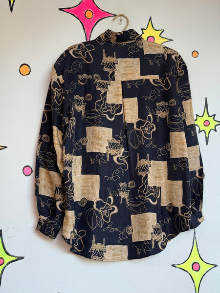 Vintage 90s Abstract Silk Shirt | Artsy Whimsy Goth Wearable Art Button Up L