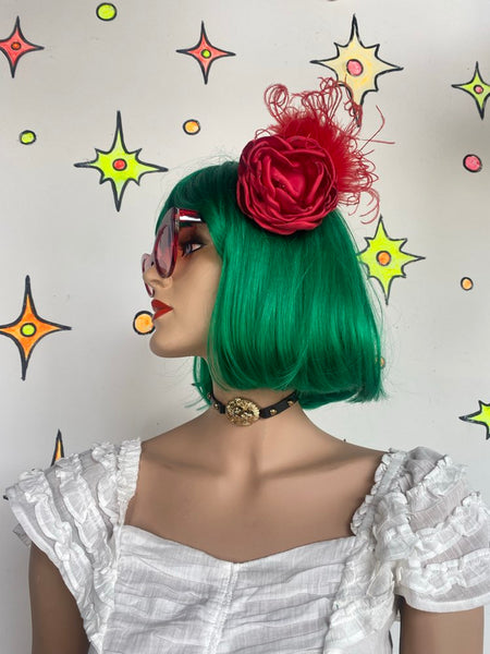 Red Rose Feather Hair Clip Goth Burlesque Rockabilly Flamenco Fascinator