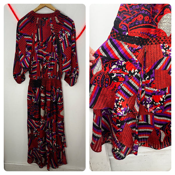 Vintage 80s | Diane Freis Red Silky Abstract Flowy Goddess Secretary Dress | S M