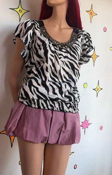 Y2K Zebra Print Bubble Hem Top McBling Glam Animal Print Party Blouse M