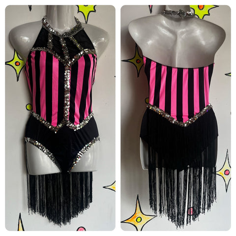 Vintage Dance Costume | Pink Fringe Showgirl Burlesque Circus Leotard Playsuit