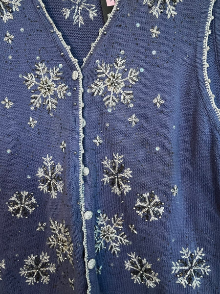 Vintage Christmas Vest Embellished Embroidered Beaded Snowflake Holiday XL