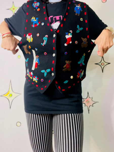 Vintage 80s 90s Patchwork Embellished Ugly Christmas Sweater Xmas Party Vest – M