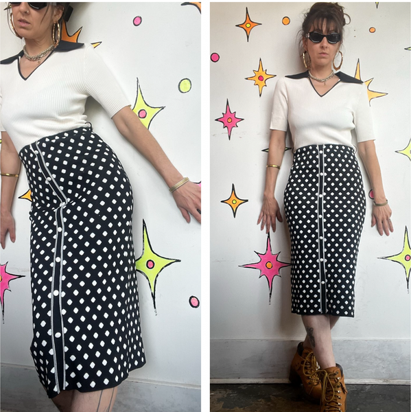 Retro 90s Black & White Polka Dot Dagger Collar Midi Dress 60s 70s Mod Knit M