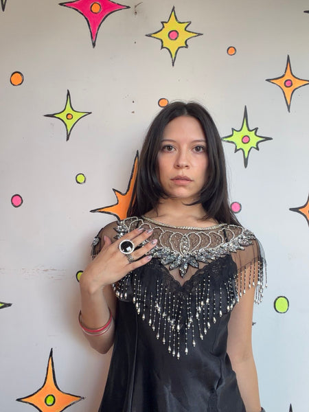 Vintage Beaded Fringe Flapper Western Collar Whimsigoth Glam Statement Cape