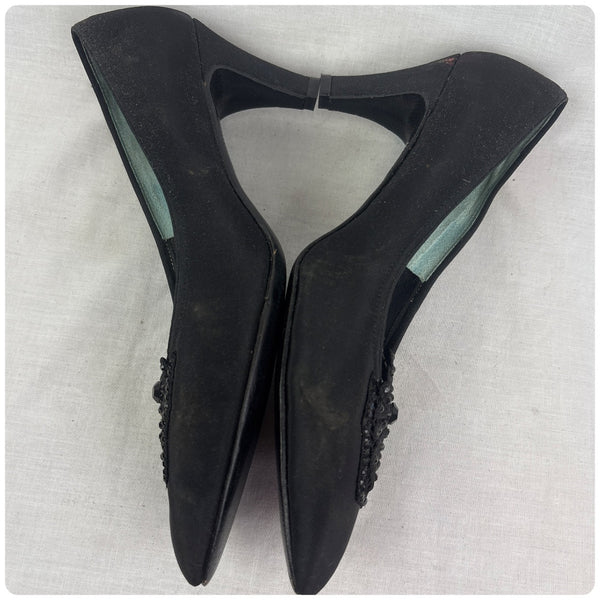 Vintage 1950s Black Glam Witchy Satin Rhinestone & Lace Embellished Heels - 8.5-9