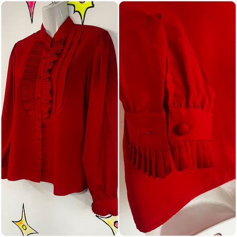 Vintage 70s 80s | Red Ruffle Neck MOD Goth Steampunk Retro Secretary Blouse | 10