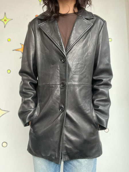 Vintage 90s Black Leather Trench Coat Goth Grunge Leather Jacket - Small