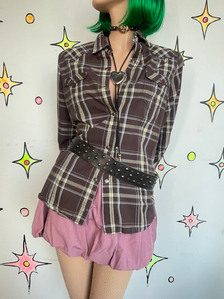 Western Pearl Snap Brown Plaid Shirt Grunge Fitted Button Up Top L