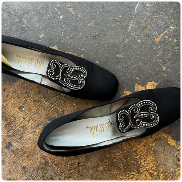 1960s Black Satin Low Heel Loafers – Stud Embellishment– Narrow Fit – Size 6.5/7