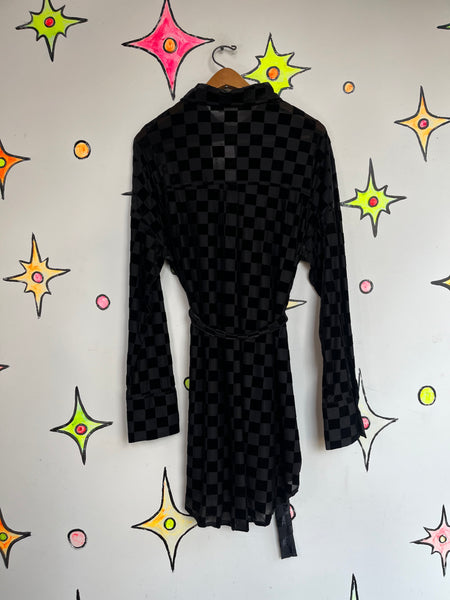 Vintage 90s | Sheer Black Checkered Velvet Burnout Goth Shirt Dress | Size L