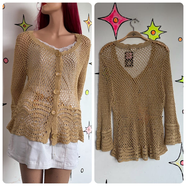 90s Prairie Beige Crochet Lace Cardigan Boho Western Whimsy Grunge | L