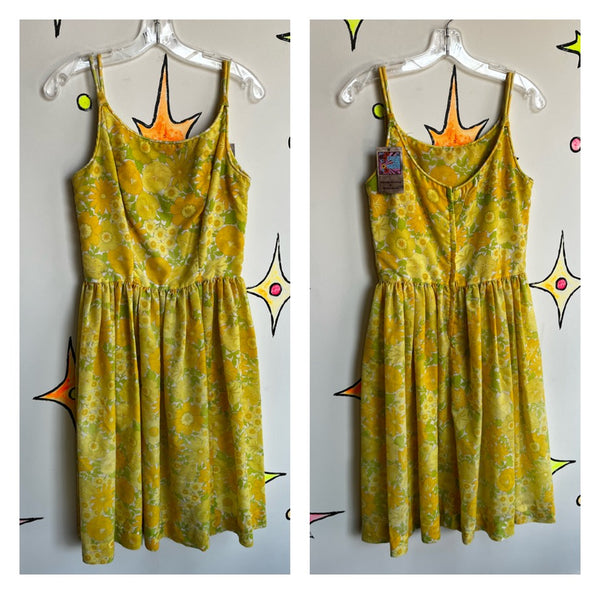 Vintage 50s 60s | Yellow Floral Cotton Fit & Flare Dress | Size M