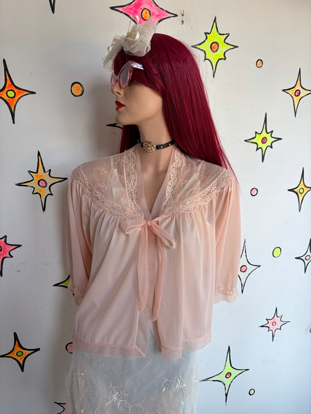 1950s Pink Pegnoir Chiffon Bed Jacket Rococo Kawaii Babydoll Boudoir Cape M/L