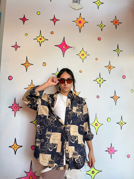 Vintage 90s Abstract Silk Shirt | Artsy Whimsy Goth Wearable Art Button Up L
