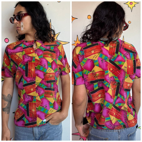 Vintage French Souvenir Silk Blouse Paris Scenic Print Luxe Art Scarf Top S/M