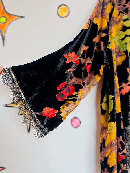 Black Velvet Kimono Floral Burnout Shimmer | Sheer Witchy Whimsy Goth Fairy | L