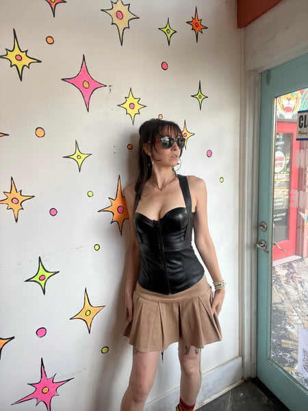 Y2K Black Zip Front Corset Top Post Apocalyptic Goth Vegan Leather Tank S