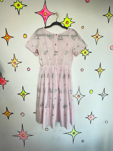 Vintage Pastel Pink Embroidered Babydoll Dress Fit & Flare Kawaii Coquette S