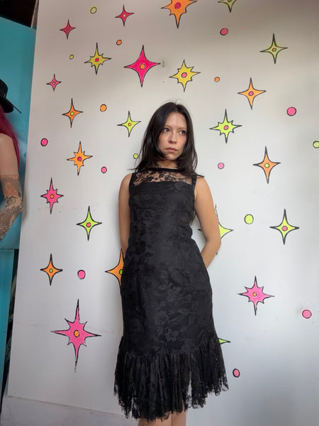 Black Lace Ruffle Dress Whimsy Gothic Dollcore Romantic Flapper Party Dress S