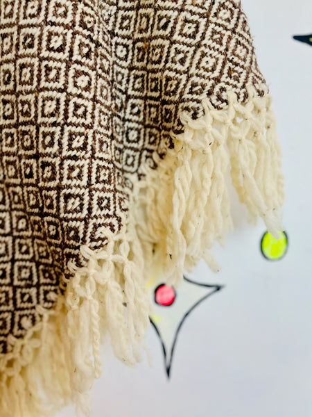 Vintage 60s 70s Brown & Cream Boho Crochet Poncho Capelet with Fringe
