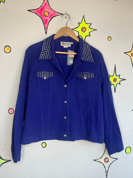 Purple Bling Denim Jacket Y2K Rhinestone Embellished Jean Jacket Maximalist L