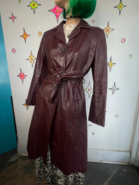Vintage 70s Cherry Brown Leather Trench Coat Boho Grunge As-Is Distressed M/L