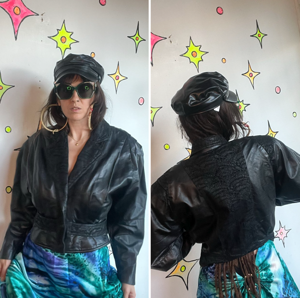 Vintage 80s Black Leather Dolman Jacket Cropped Statement Coat M