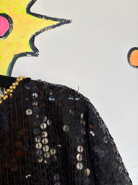 Vintage 80s Black Gold Sequin Party Blouse Maximalist Holiday Glam Disco Top