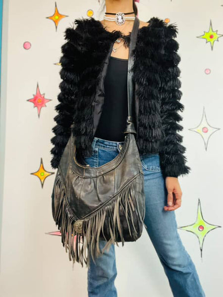Vintage Black Leather Fringe Crossbody Bag Grunge Rock n Roll Boho Concho Purse
