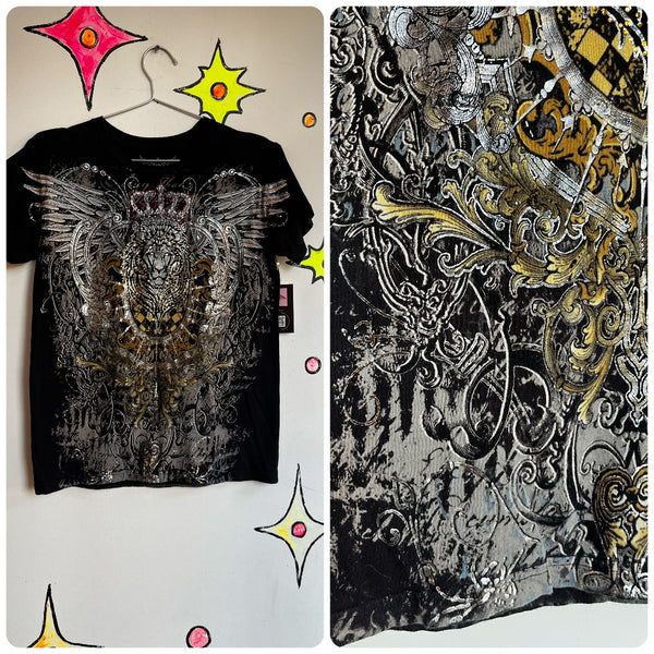 Vintage Y2K | Embellished Grunge Indie Sleaze Tattoo McBling Tee T Shirt | Small