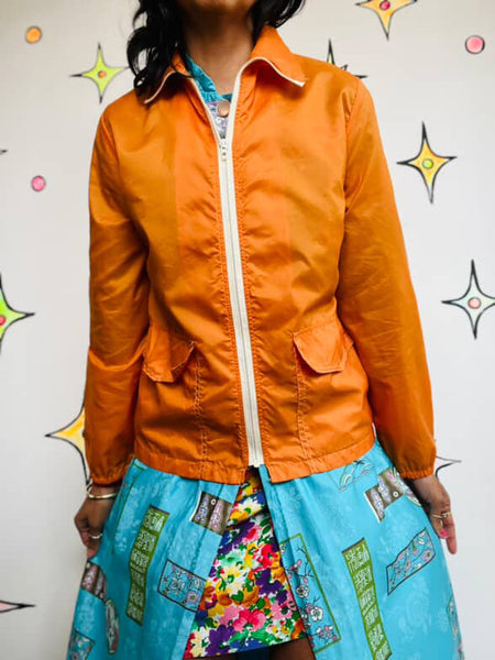 Vintage 60s 70s Groovy MOD Grunge Orange Retro Sporty Nylon Windbreaker Jacket S