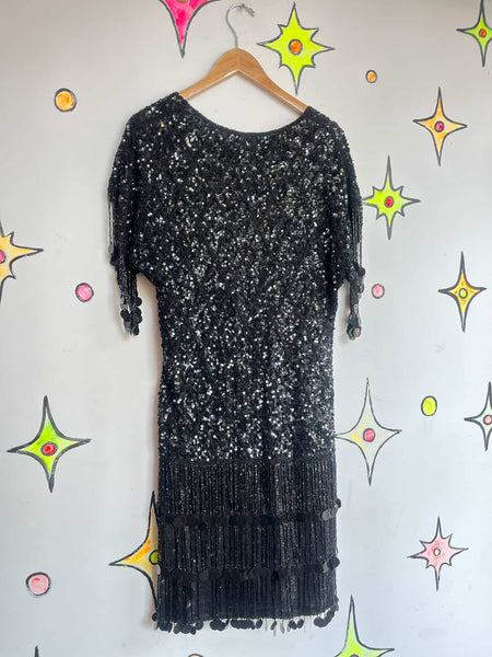 Vintage 80s Neiman Marcus Black Beaded Fringe Dress 20s Inspired Disco Glam