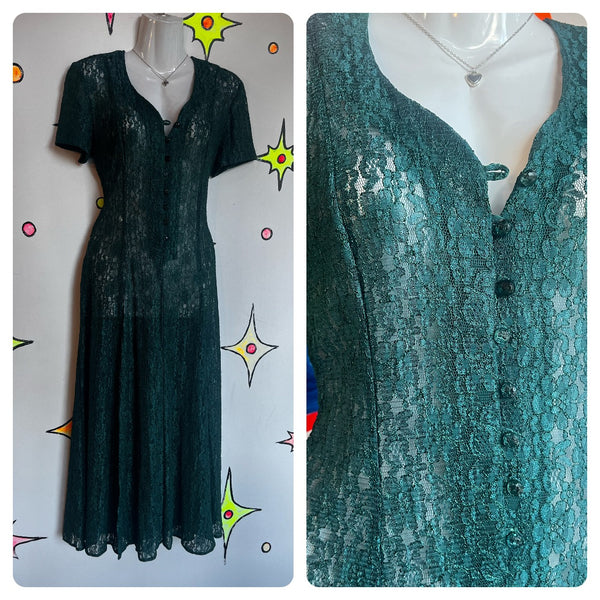 Vintage 90s | All That Jazz Fairy Grunge Lace Sheer Midi Dress | Small