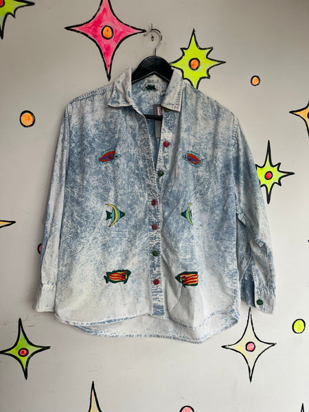 Vintage 80s Acid Wash Rainbow Fish T-Shirt MTO Maximalist Cotton Tee S