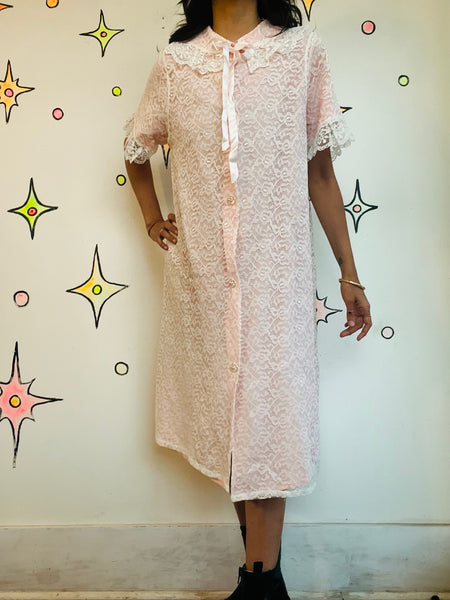 Vintage White Lace Pink Robe Victorian Romantic Babydoll Pegnoir Bed Jacket S/M