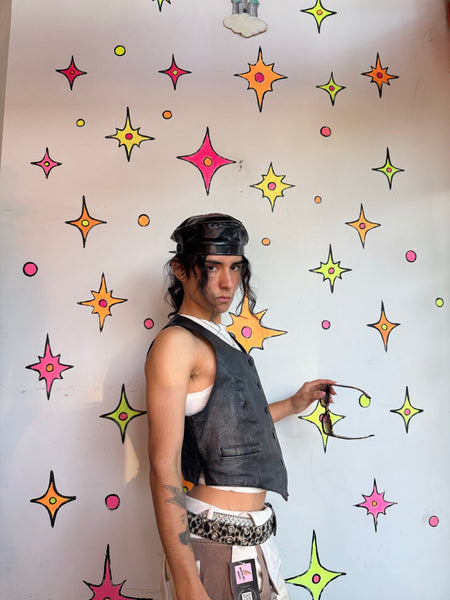 Vintage Black Leather Vest Western Biker Rocker Moto Grunge Vest S/M