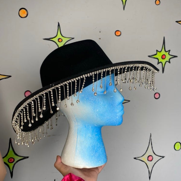 Black Beaded Fringe Cowgirl Hat | Rhinestone Western Goth Glam - One Size