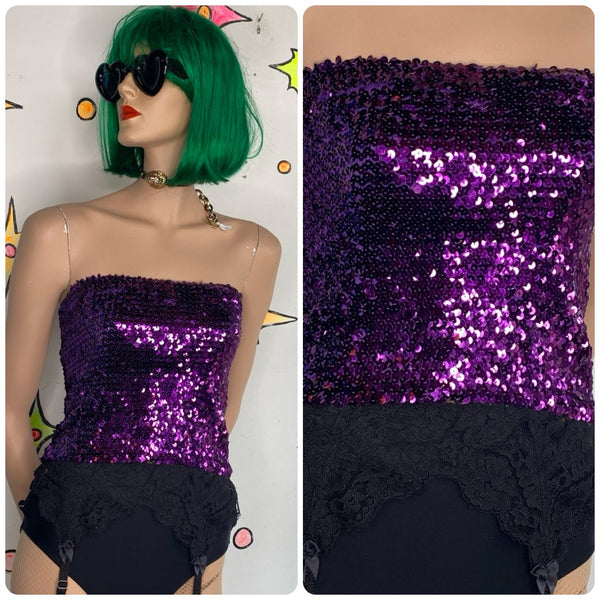 Purple Sequin Tube Top 80s Disco Party Retro Glam Festival Top S/M
