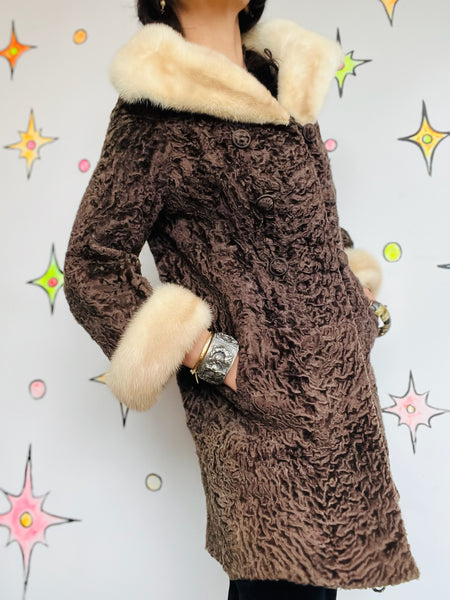Vintage 40s 50s Persian Lambswool Fur Coat Mink Collar & Cuffs Luxury Penny Lane