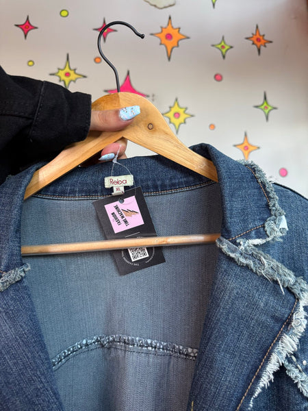 Studded Denim Western Blazer | Frayed Cowgirl Rodeo Jacket Oversized XL