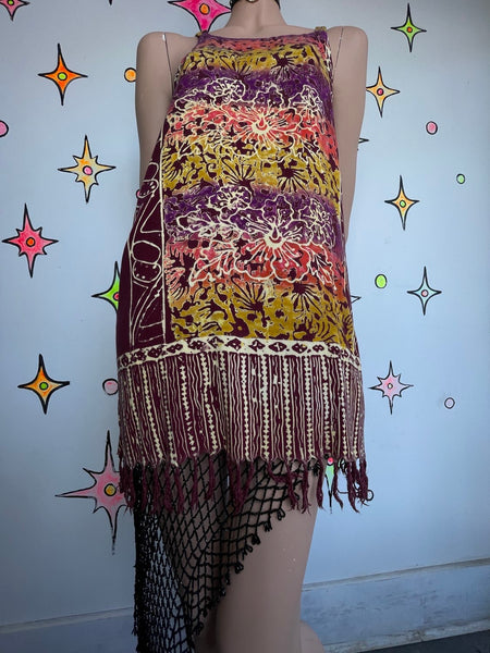 Hawaiian Summer Fringe Mini Dress Boho Grunge Tie Dye Western Cotton Festival ML