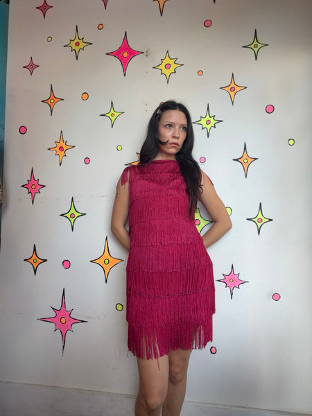 Raspberry Red Fringe Flapper Party Dress Roaring 20s / 60s Go-Go / Western M