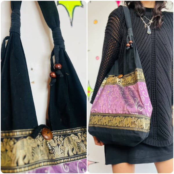 Vintage Beaded Black Gold & Purple Boho Fairy Grunge Tote Bag - Elephant Print
