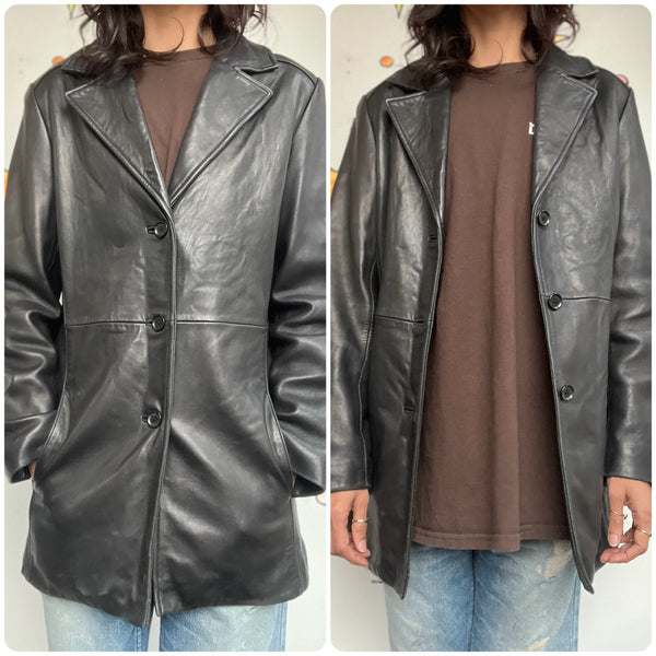 Vintage 90s Black Leather Trench Coat Goth Grunge Leather Jacket - Small