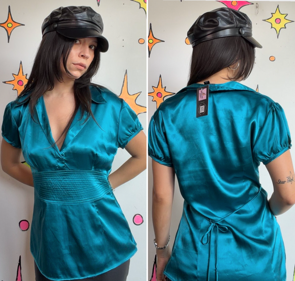 Y2K Teal Satin Blouse | Office Siren Glam Academia Shimmer Top Medium
